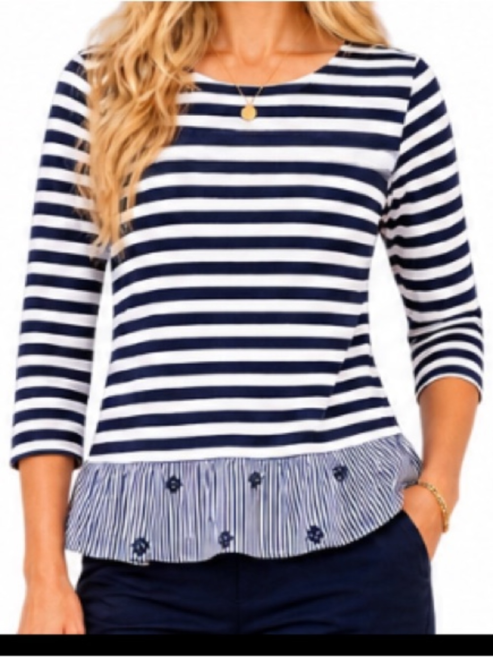 TALBOTS NAVY & WHITE STRIPED NAUTICAL 3/4 SLEEVE TOP SZ SM